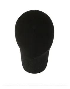 Top view of a warm black baseball cap with grey striped brim and thick thermal fabric
