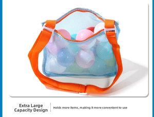 Macro detail of large capacity blue mesh beach toy bag with adjustable orange straps