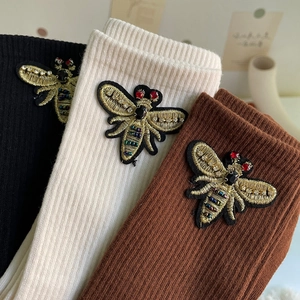 Women's crew socks set with 3D bee embroidery and sparkling rhinestone embellishments