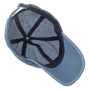 Internal view of blue washed denim baseball cap with sweatband and metal buckle detail