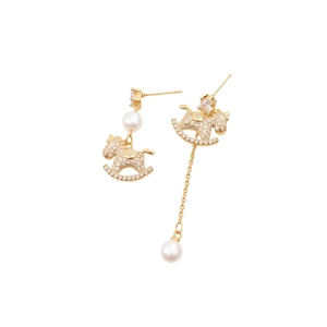 18k gold plated horse earrings with white pearls and sparkling cubic zirconia dangles