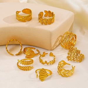 French vintage 18K gold plated stainless steel adjustable leaf and feather rings