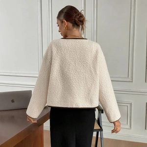 Women casual cream fleece jacket with brown trim and tie-back waist design