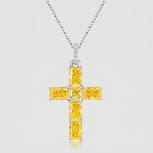 925 Sterling Silver Yellow Zirconia Cross Pendant Necklace Hip Hop Style Jewelry For Unisex Everyday Wear Necklace Gift