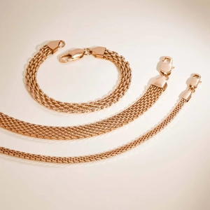 Three rose gold mesh chain bracelets in different widths with lobster clasps for women