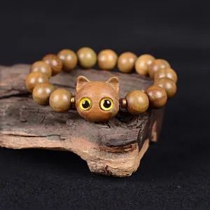 Bracelet en Perles de Bois de Santal Vert Naturel Sculpté à la Main Chat Vintage Ethnique Chaîne de Main Bijoux pour Hommes Femmes Cadeau