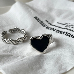 925 Sterling Silver Heart Adjustable Open Ring With Black Agate Vintage Minimalist Jewelry For Women