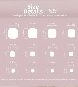 Size chart for press-on toenails showing 12 different dimensions and width details