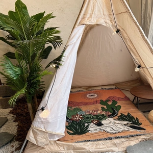 Detail of bohemian camping blanket with desert cactus pattern and decorative tassels