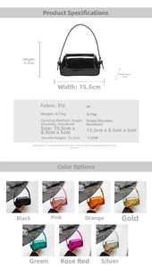 Detailed size specifications and color variants of the gloss patent leather mini square bag