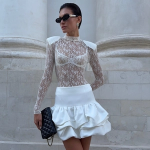 Women Sexy Lace Bodysuit Sheer Long Sleeve High Neck Padded Shoulders Slim Fit Undershirt Jumpsuit
