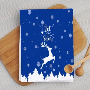 Blue Christmas microfiber kitchen towel with Reindeer Let it snow print and pine trees