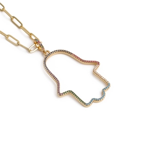 Golden Hamsa Hand necklace with colorful cubic zirconia and paperclip chain links