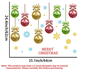 Detailed flat lay of Christmas wall stickers with colorful baubles and Merry Christmas text