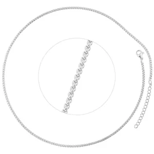 Detailed view of silver necklace with 2mm width lobster clasp and extension chain