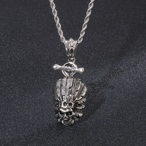Detailed view of silver stainless steel Indian chief skull pendant with feather textures