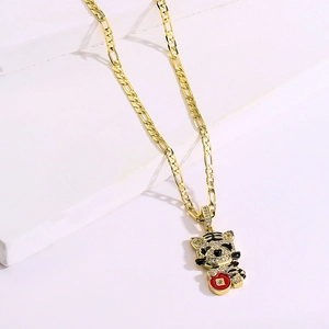 18K gold plated tiger pendant necklace with zircon inlay on a Figaro chain