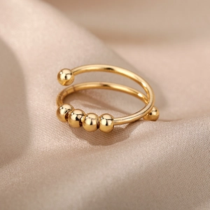 Minimalist 18k gold plated double layer spiral anxiety ring with five sliding beads