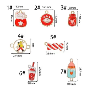 Detailed dimension guide for 7 red macaron oil-drop charms with specific width and height specs