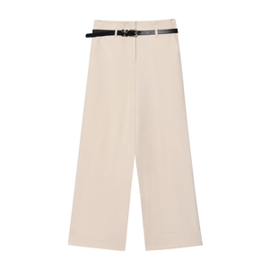 Beige wide leg trousers for women with black belt and smooth draped fabric finish