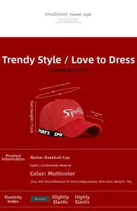 Detailed infographic of red baseball cap showing 8cm brim and adjustable strap size
