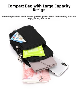 Detailed view of spacious black multi-layer nylon crossbody phone bag with various items