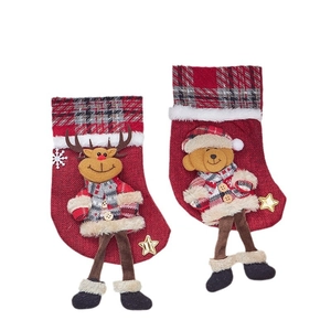 Christmas stockings set with reindeer and bear 3D dolls and classic red plaid patterns