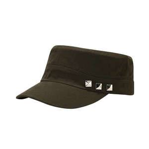 Olive green military flat top cap with metal studs for outdoor sun protection
