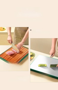 Dual-sided cutting board showing ebony wood for meat and stainless steel for fruits