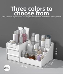 Detail of white makeup organizer with drawers and compartments for skincare storage