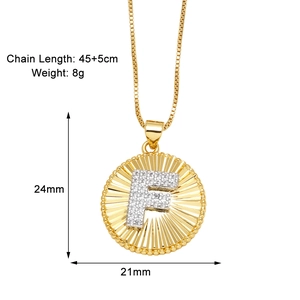 Detail showing gold-plated letter F pendant dimensions 24mm x 21mm with chain length