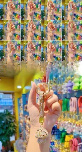 Detailed grid showing twelve vibrant colors of crystal-encrusted mushroom keychains