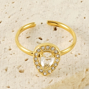 18K gold-plated adjustable open ring with pear-cut halo teardrop zircon stone