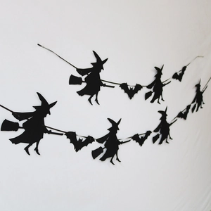 Halloween hanging banners with black paper witch and bat silhouettes for party decoration