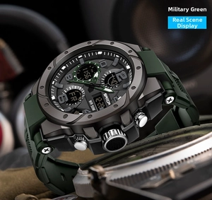 Macro side view of SANDA military watch with green resin strap and 50M waterproof dial