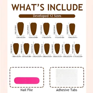 Size guide for luxury almond press-on nails with 12 sizes and DIY manicure tool kit