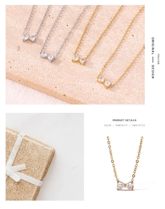 Vue détaillée du collier nœud minimaliste avec zircons en finitions dorée et argentée