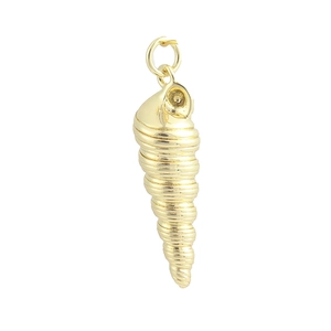Macro detail of a golden spiral conch shell pendant with a metallic polished finish