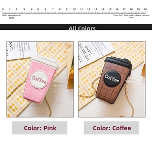 Detail of coffee cup shaped crossbody bags with metal chains in pink and brown colors