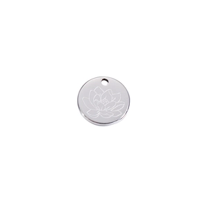 Detail of mirror-polished stainless steel round pendant featuring engraved birth flower lotus