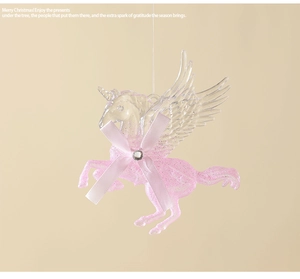 Pink glitter unicorn Christmas tree ornament with silk bow and crystal detail