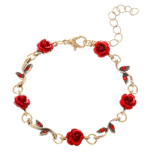Bracelet vintage doré de style français avec roses rouges et feuilles en strass