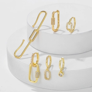 Golden geometric long link earring set with micro-pave zircons for non-pierced ears