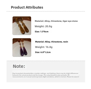 Detail view of retro water drop earrings with rhinestones and tiger eye stone inlay