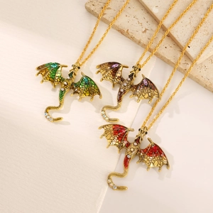 Hip hop dragon pendant necklaces in gold with green, purple, and red enamel wings