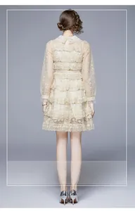 Vue arrière d'une robe en dentelle champagne avec jupe à volants et détails en tulle