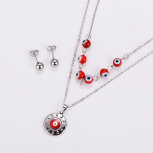 Parure collier double rang et boucles d'oreilles argentées avec pendentif œil rouge rond