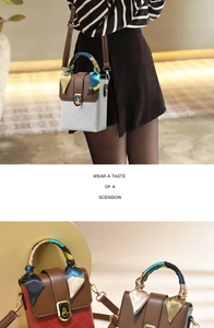 Détail d'un sac à main en cuir PU avec serrure en métal et foulard en soie décoratif