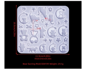 Detail of translucent silicone earring mold with dimensions 11.9x10.9cm for DIY resin crafts