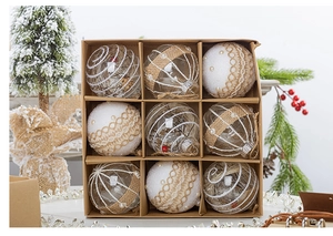 Set of 9 vintage brown and white Christmas ornaments in a kraft paper box